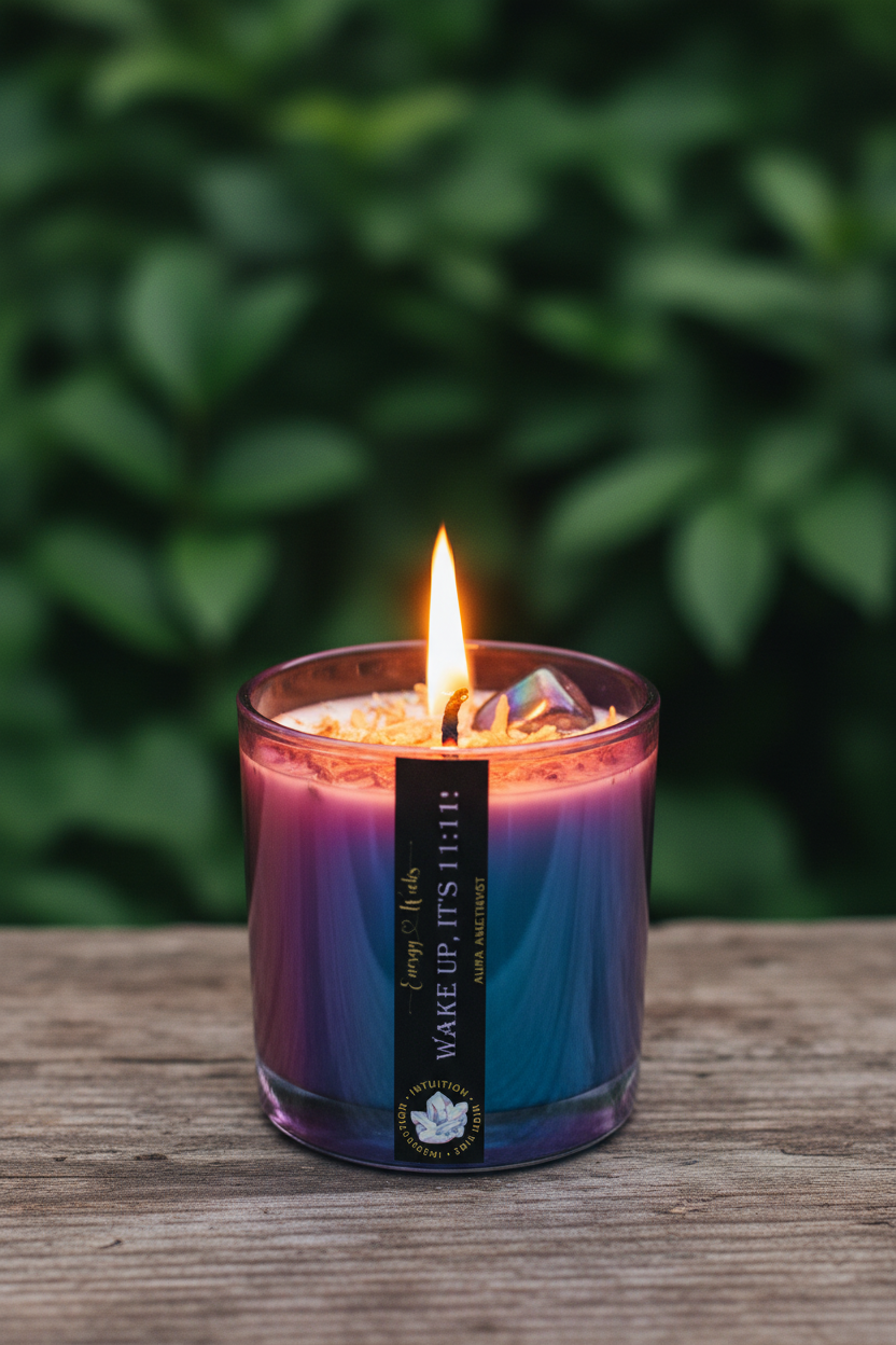 11:11 candle with amethyst crystal
