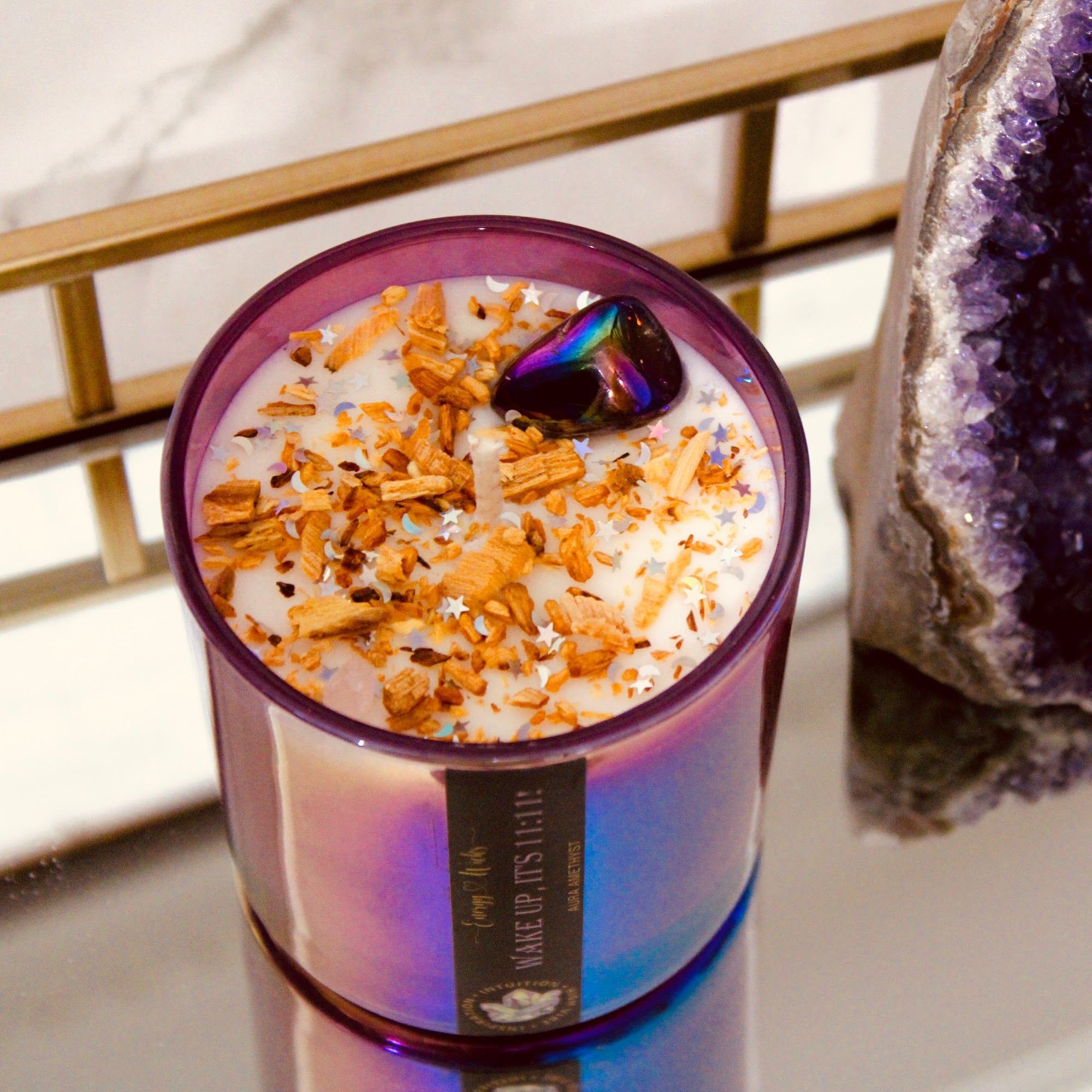 iridescent amethyst crystal candle
