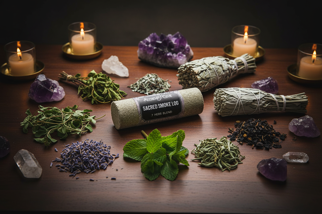 7 herb blend on dark altar with botanicals and crystals