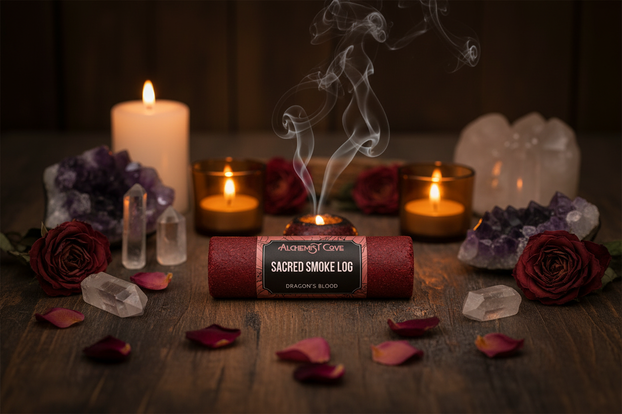 Altar with crystals and candlelight