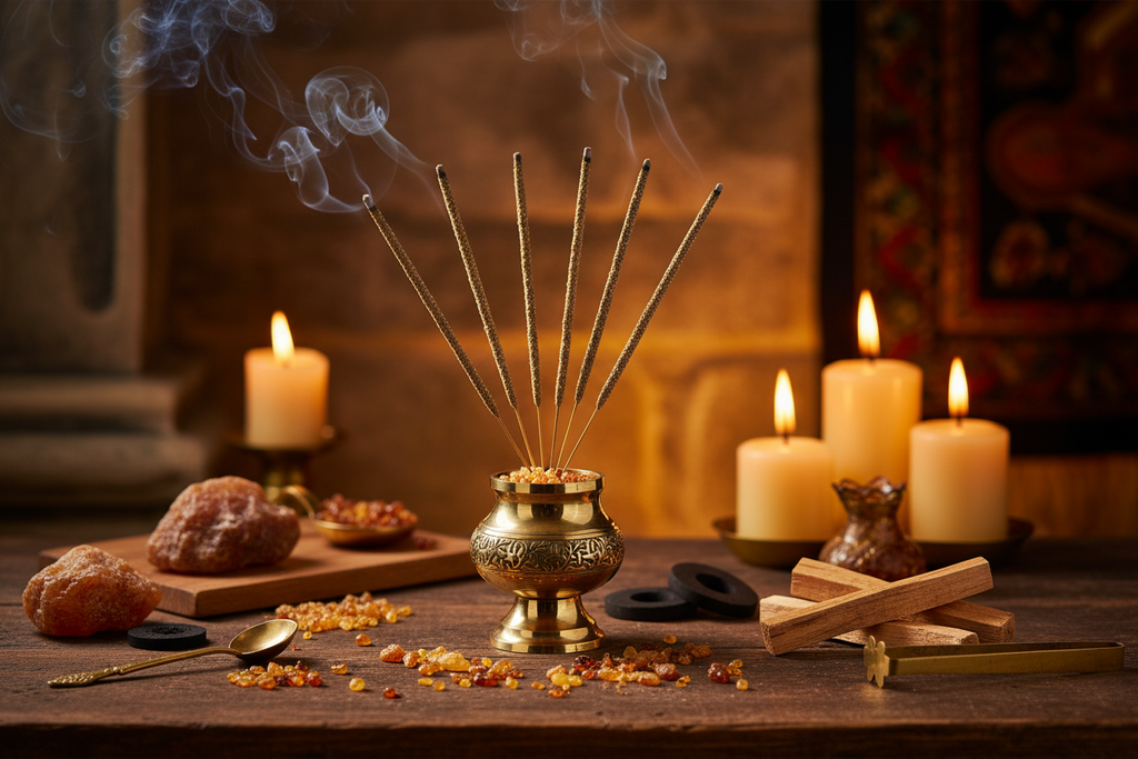 Amber & Palo Santo Resin Incense in warm sacred setting