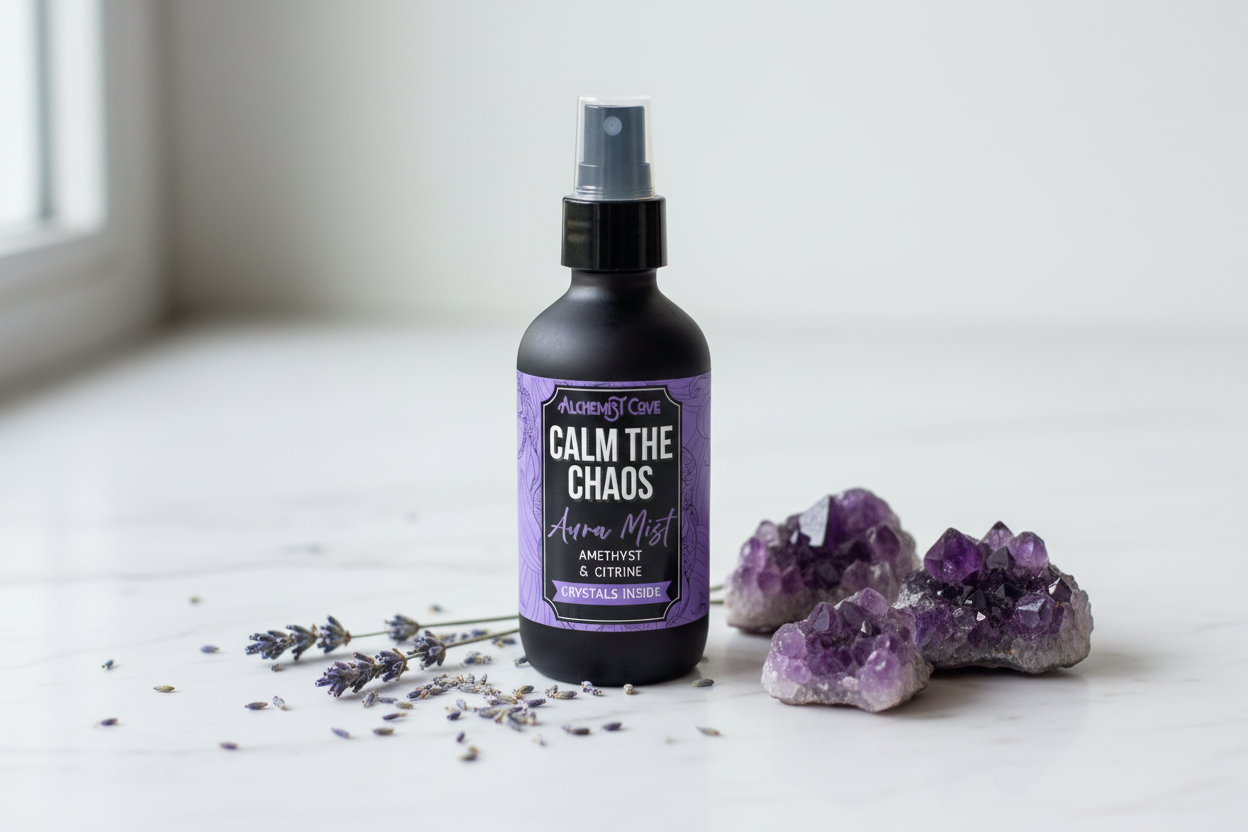Bottle with exposed nozzle on marble with amethyst and lavender