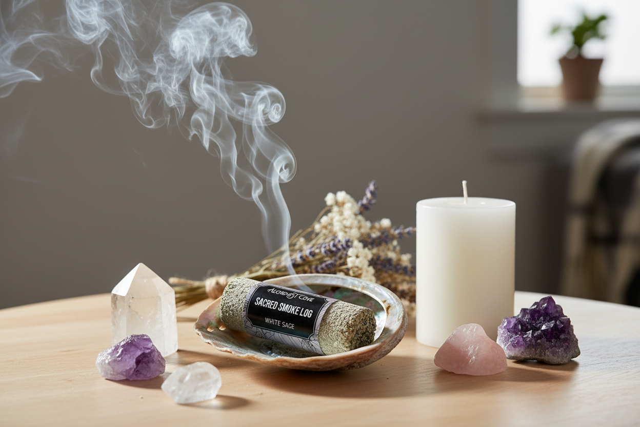 Burning in abalone shell with candle and crystals