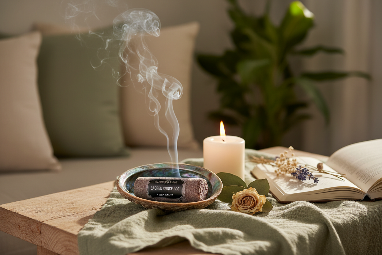 Burning in cozy meditation nook with journal and candle