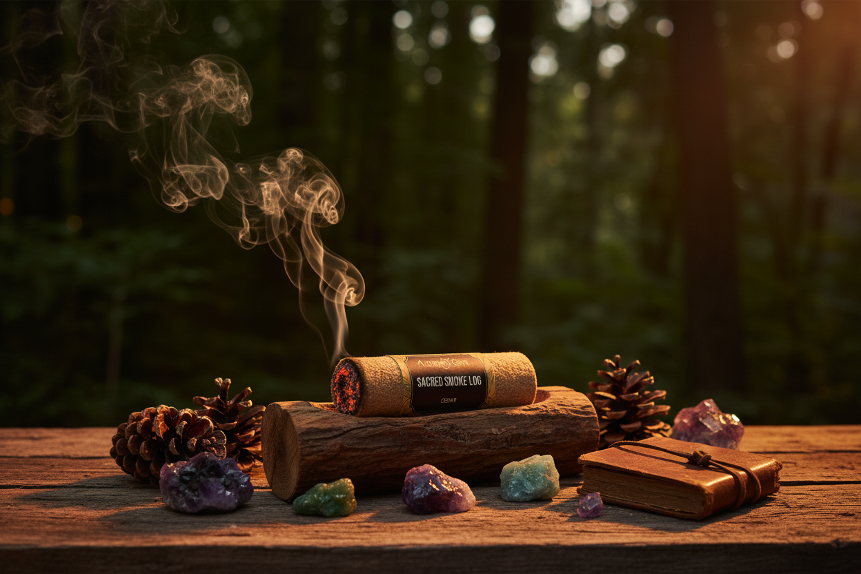 Burning in wooden holder with glowing ember and smoke