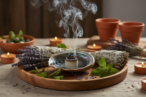 Burning on wooden tray with lavender, sage, and mint