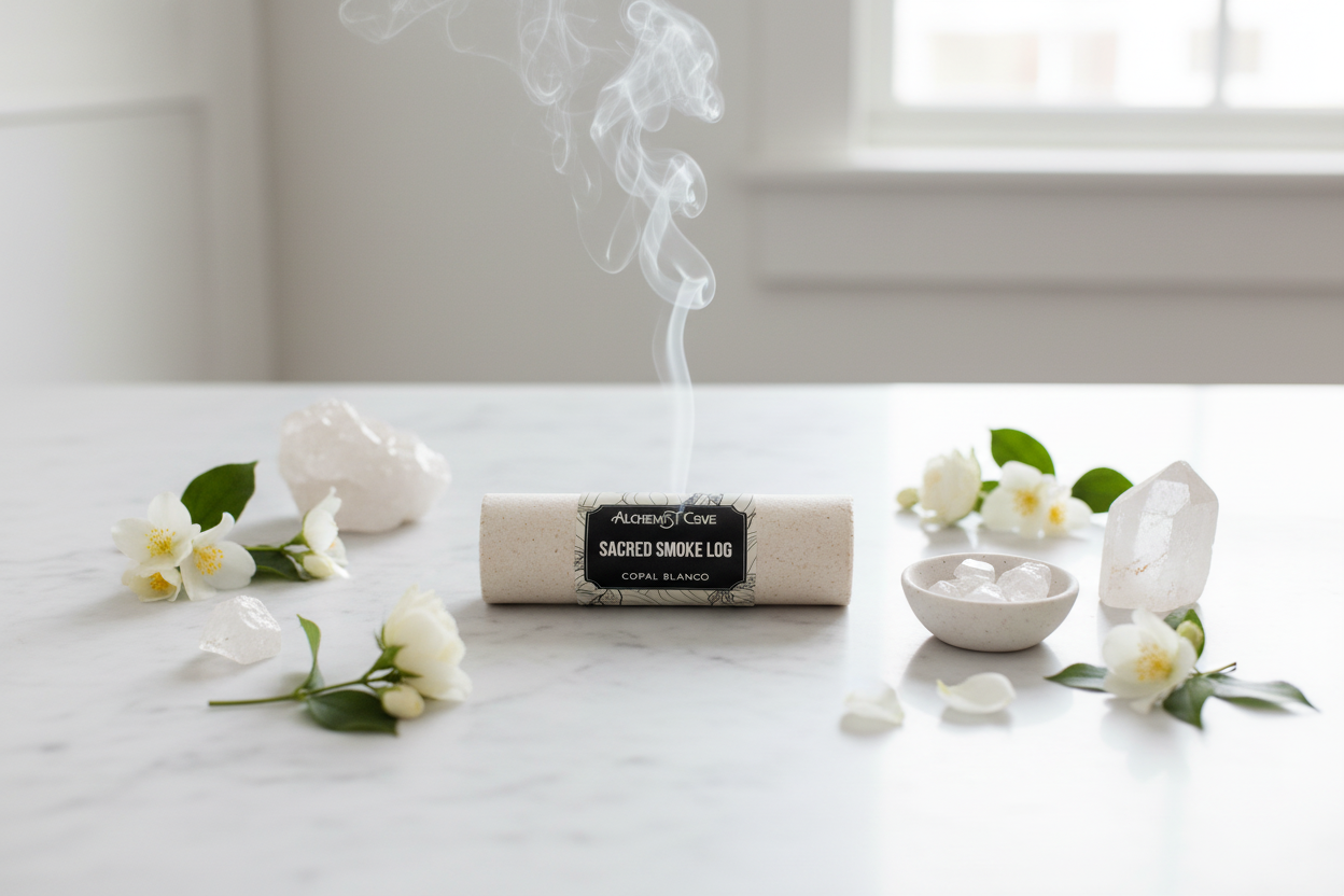 Copal Blanco on marble with white flowers and quartz