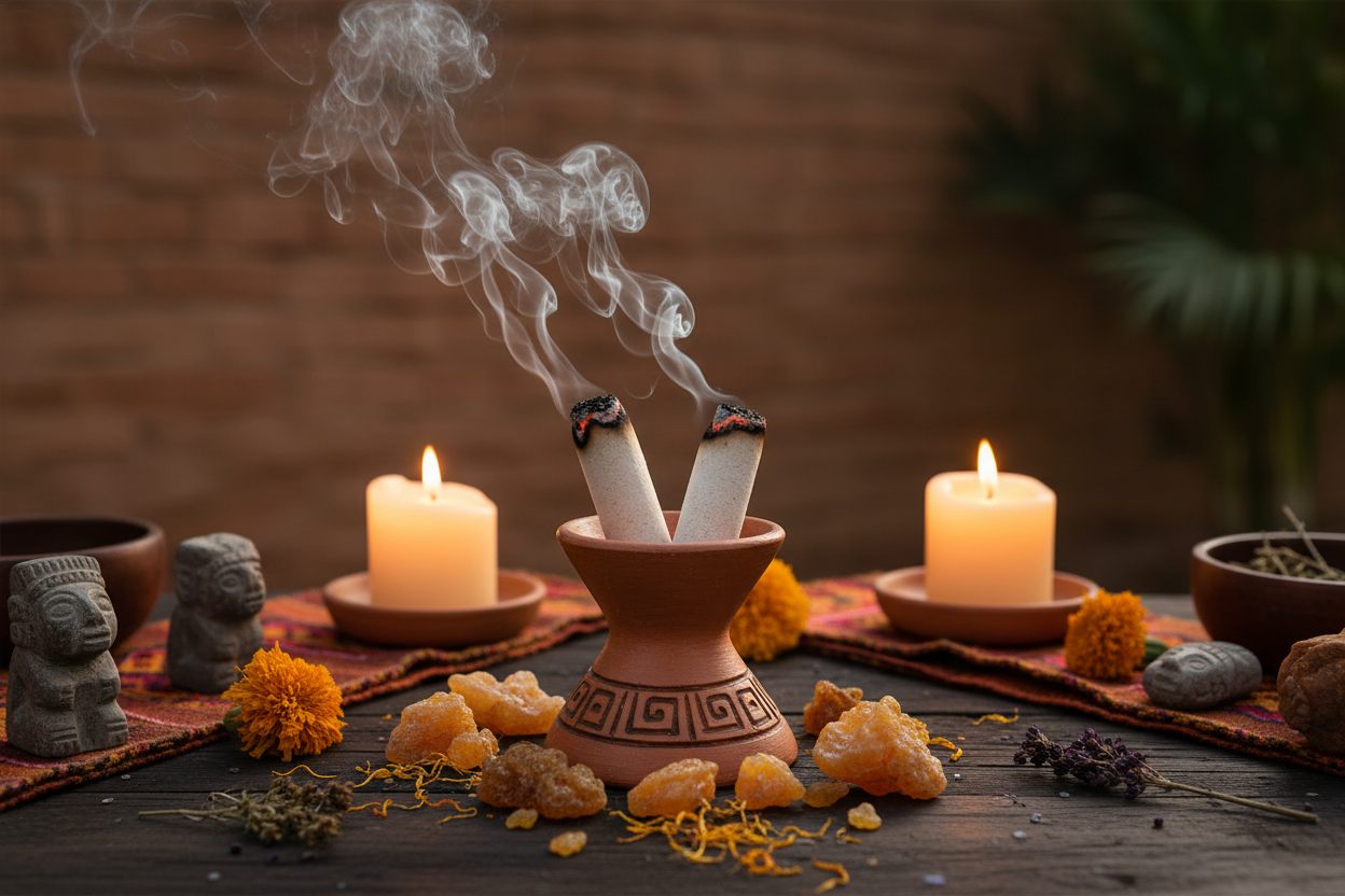 Copal Blanco on wooden altar with marigolds and clay holder