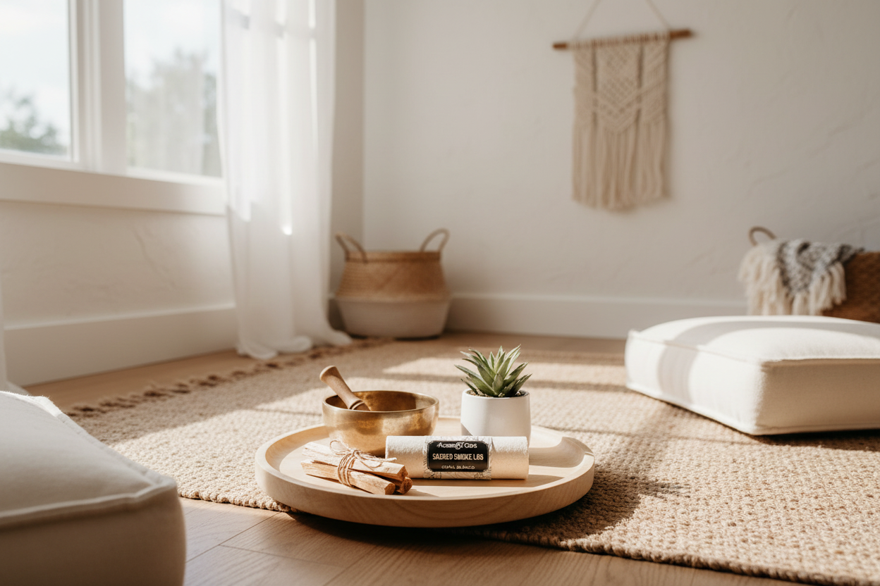 Copal logs on wooden tray with singing bowl and succulents