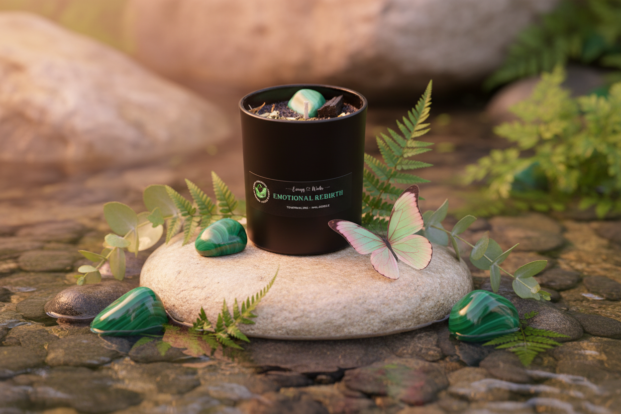 Emotional Rebirth Crystal Candle with malachite in transformative setting