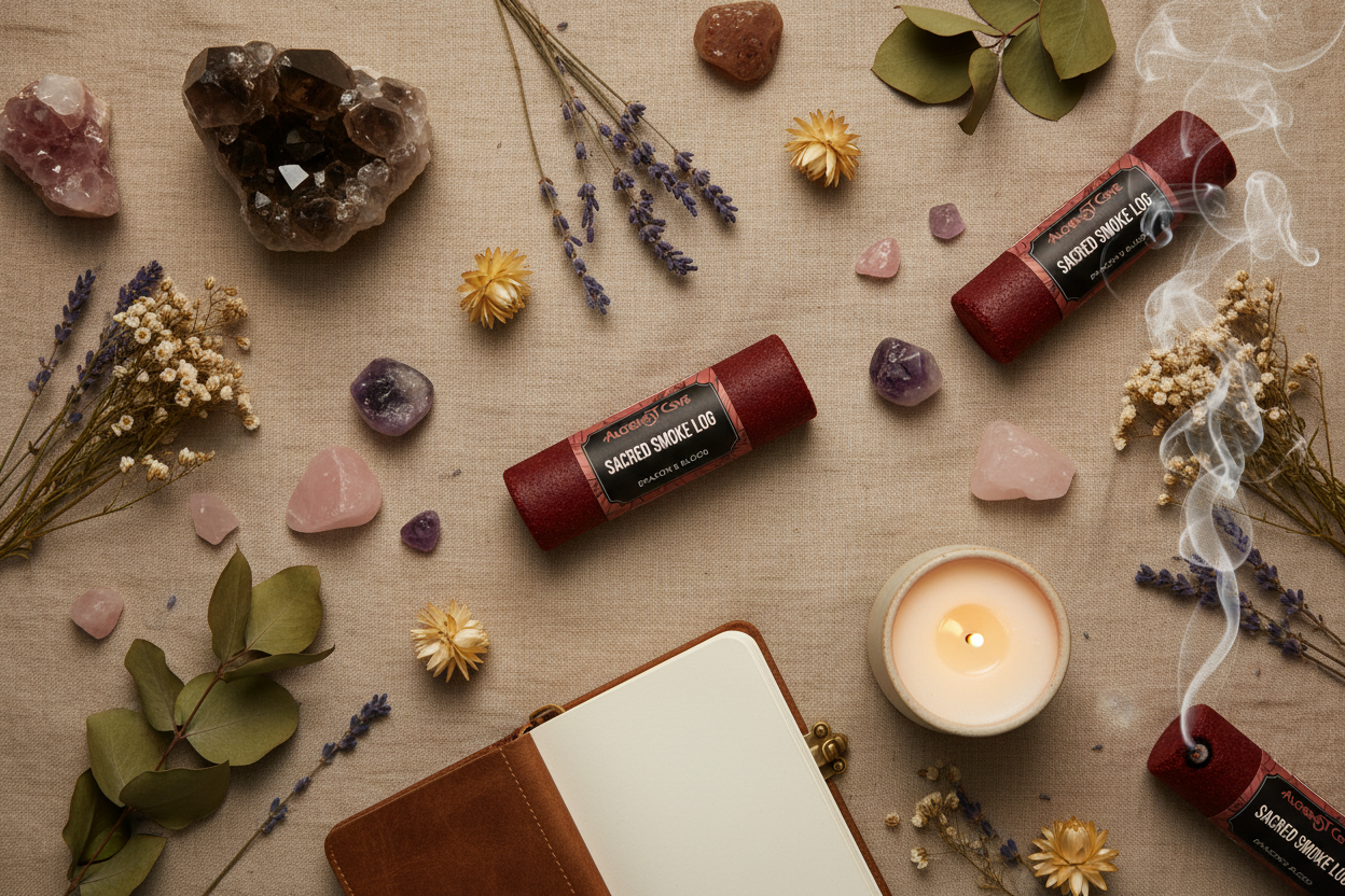 Flat lay with crystals and botanicals