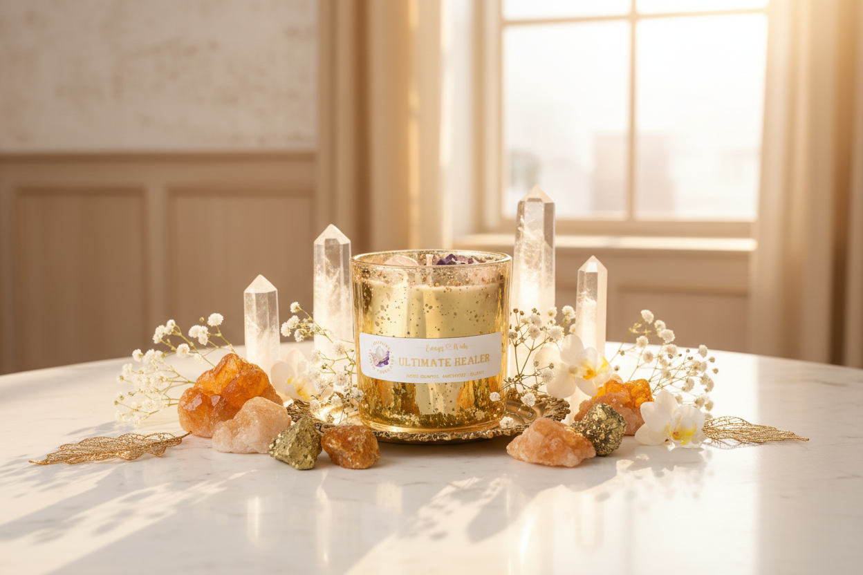 Gold Ultimate Healer Crystal Candle in luxurious healing setting