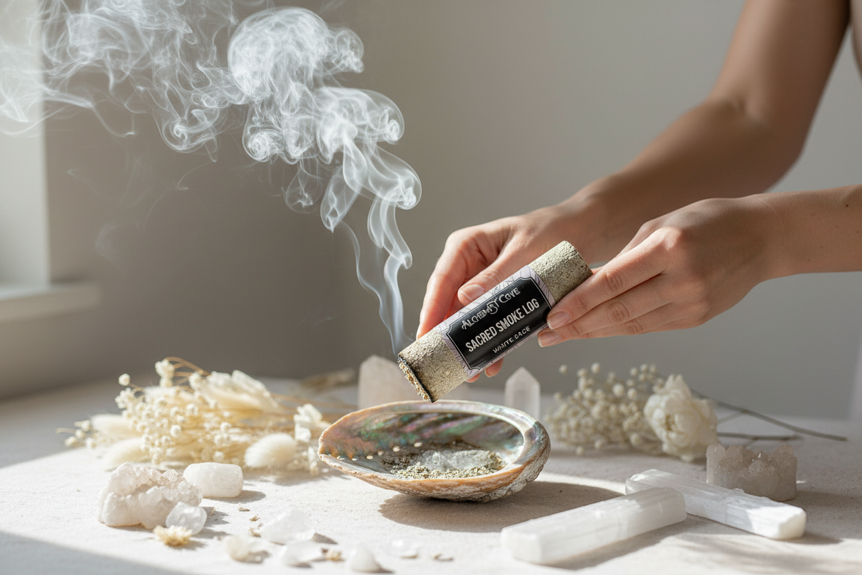 Hands holding burning log over abalone shell