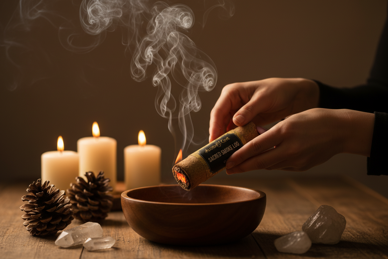 Hands holding glowing burning log over wooden bowl
