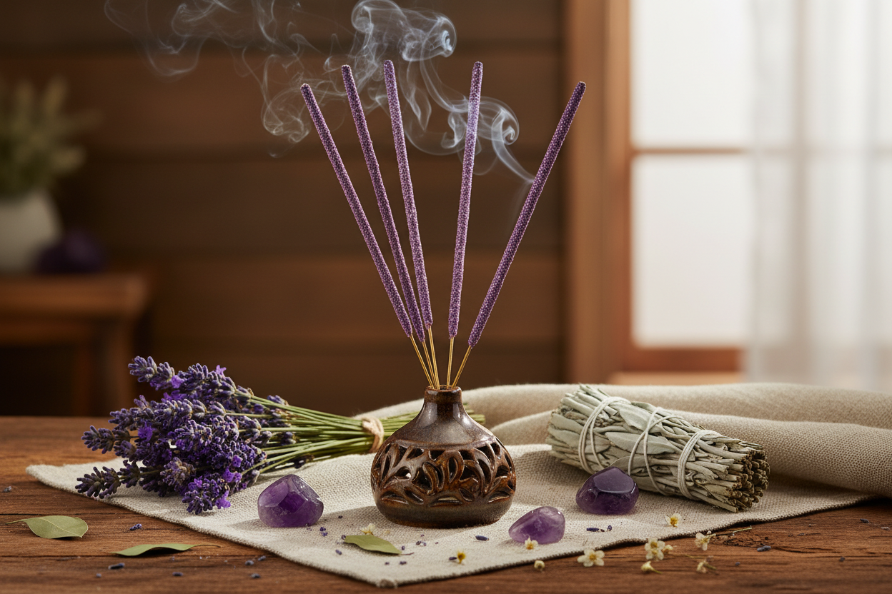 Lavender & White Sage Resin Incense in calming sacred setting