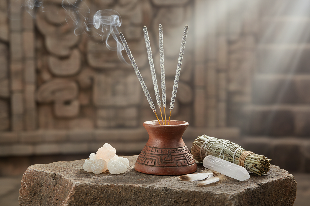 Maya Copal & White Sage Resin Incense sticks in sacred ceremonial setting