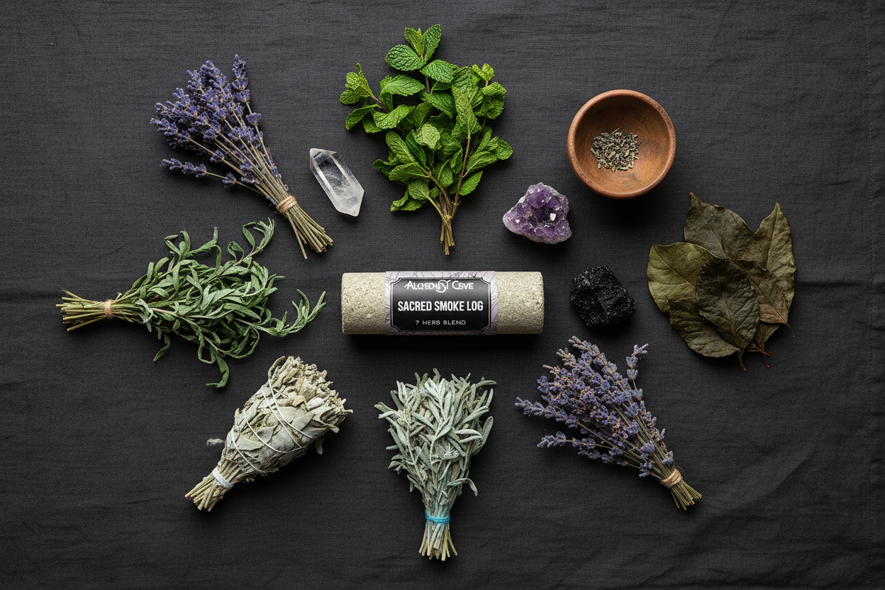 Overhead flat lay with all 7 herbs arranged with crystals
