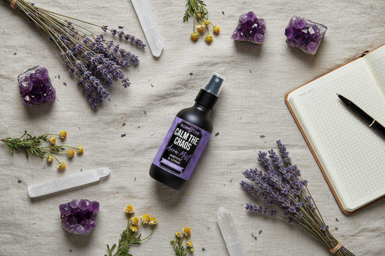 Overhead flat lay with exposed nozzle bottle and botanicals