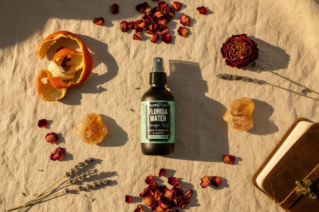 Overhead flat lay with exposed nozzle bottle and botanicals