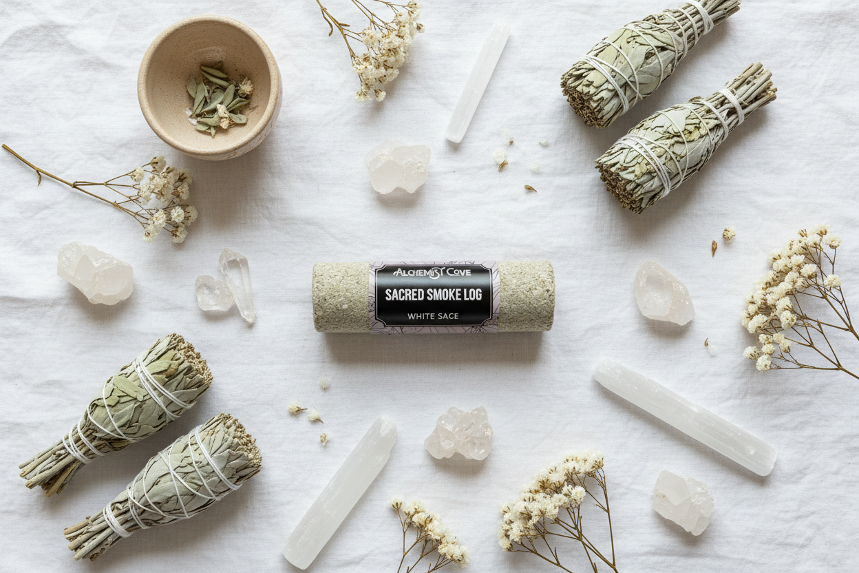 Overhead flat lay with sage bundles and selenite