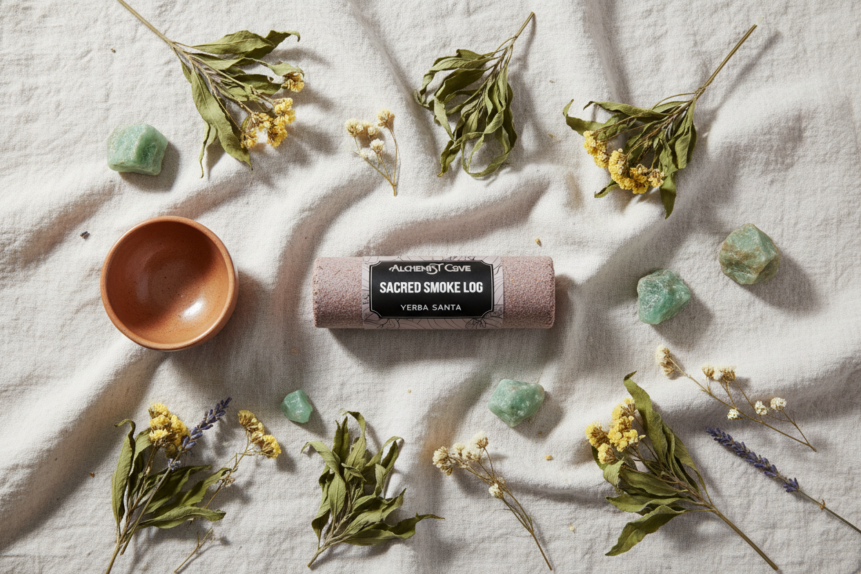 Overhead flat lay with yerba santa leaves and crystals