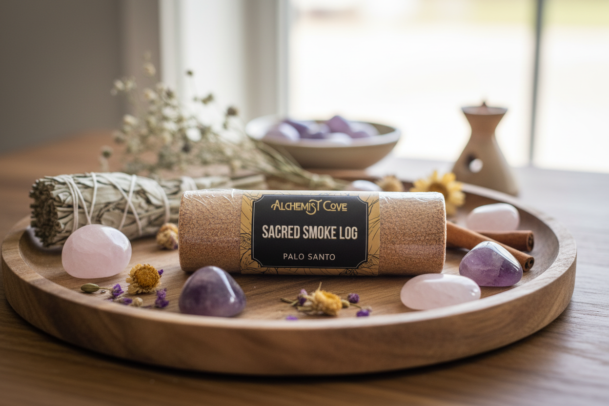 Palo Santo shrink-wrapped with kraft label on wooden tray