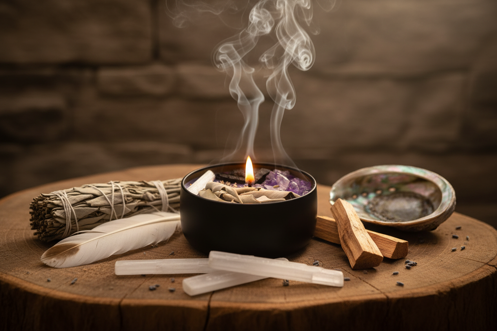 Sacred Smudge Crystal Candle in reverent purifying setting