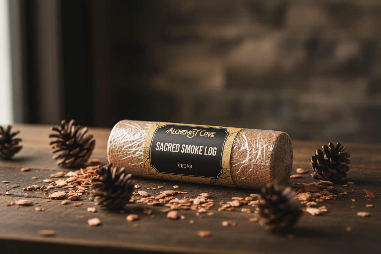 Shrink-wrapped with kraft label on dark wood with cedar chips