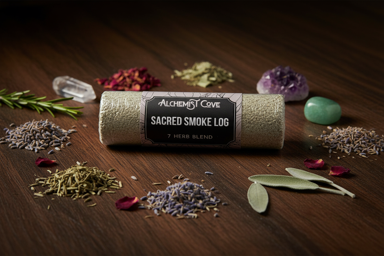 Shrink-wrapped with kraft label on dark wood with herbs