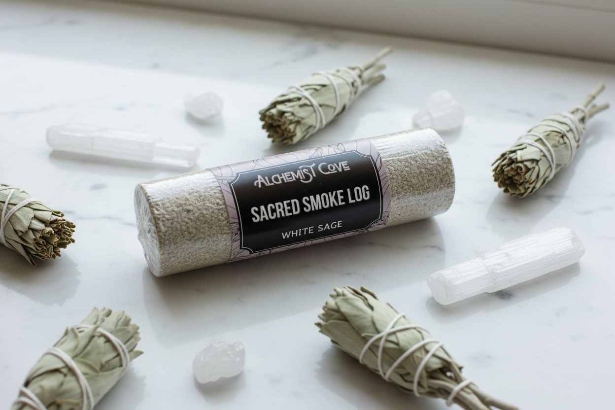 Shrink-wrapped with kraft label on marble with sage