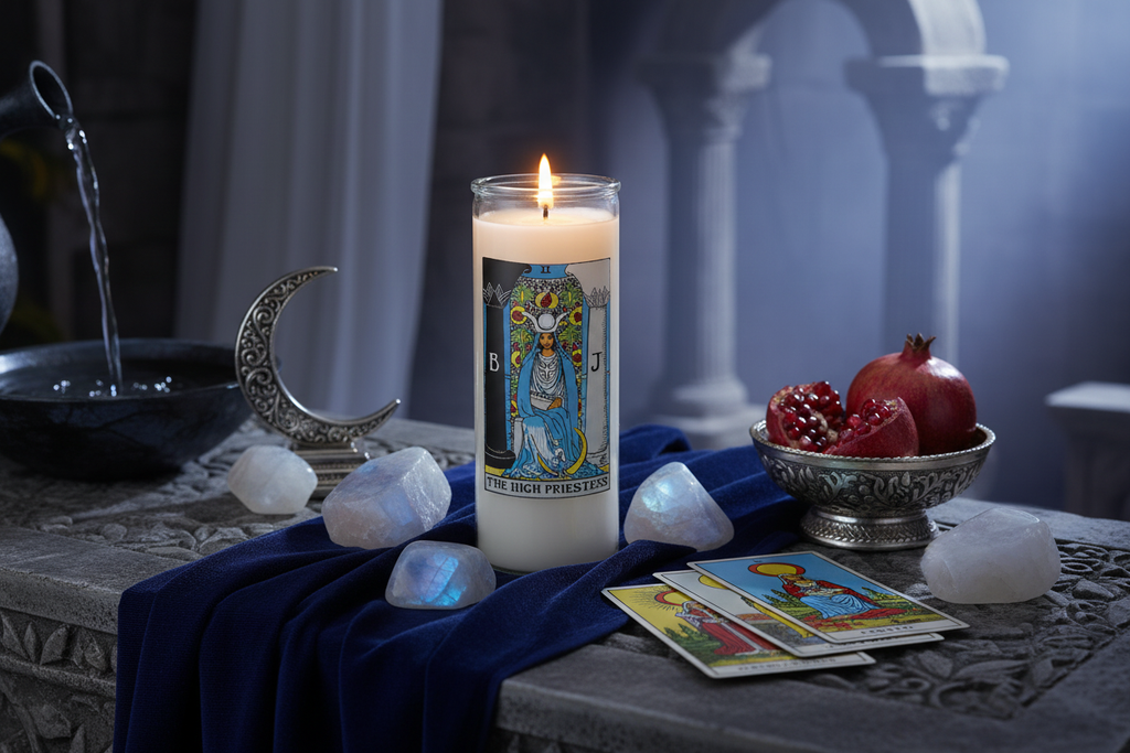 The High Priestess Tarot Card Candle in mystical intuitive setting