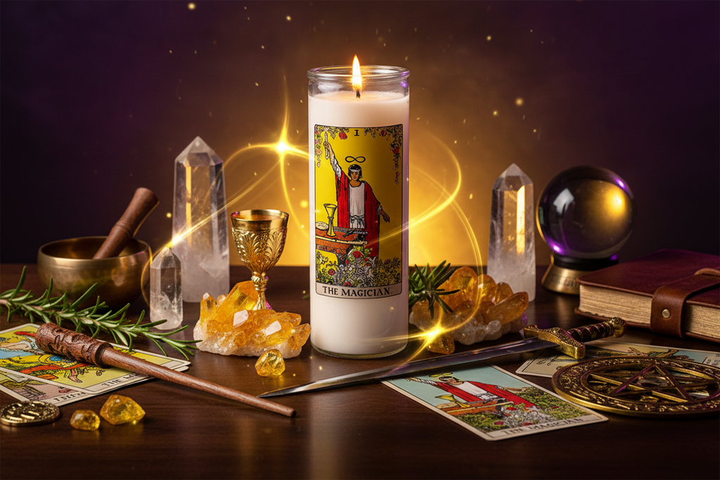 The Magician Tarot Card Candle in powerful manifestation setting