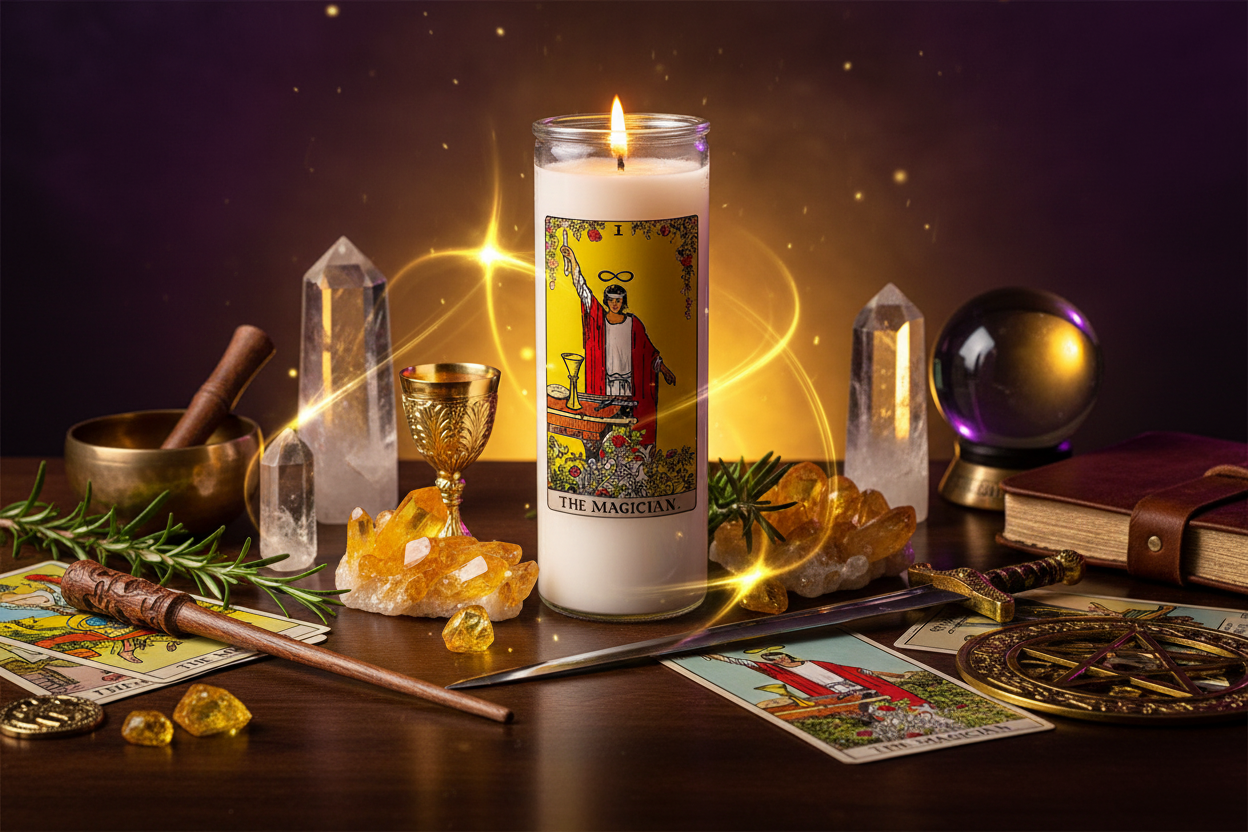 The Magician Tarot Card Candle in powerful manifestation setting