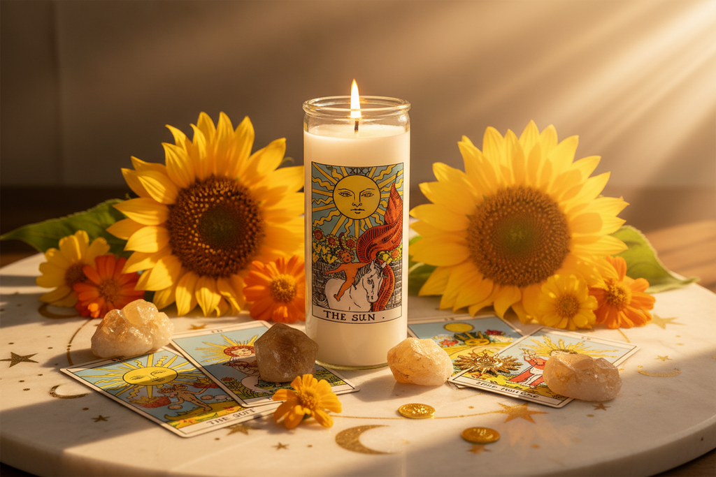The Sun Tarot Card Candle in radiant golden setting