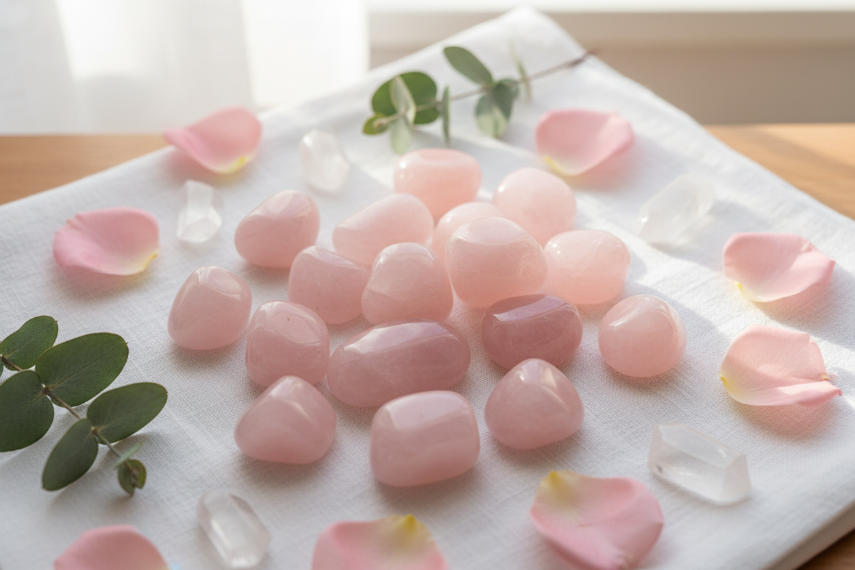 Tumbled Rose Quartz in serene love-centered setting