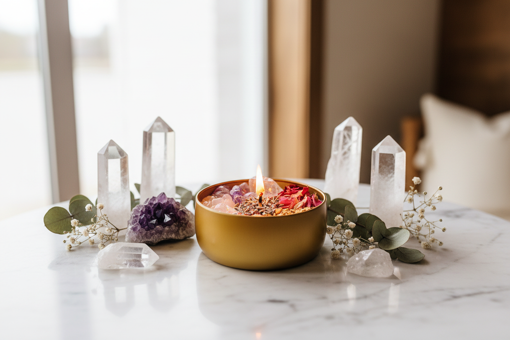 Ultimate Healer Crystal Candle in serene spa setting