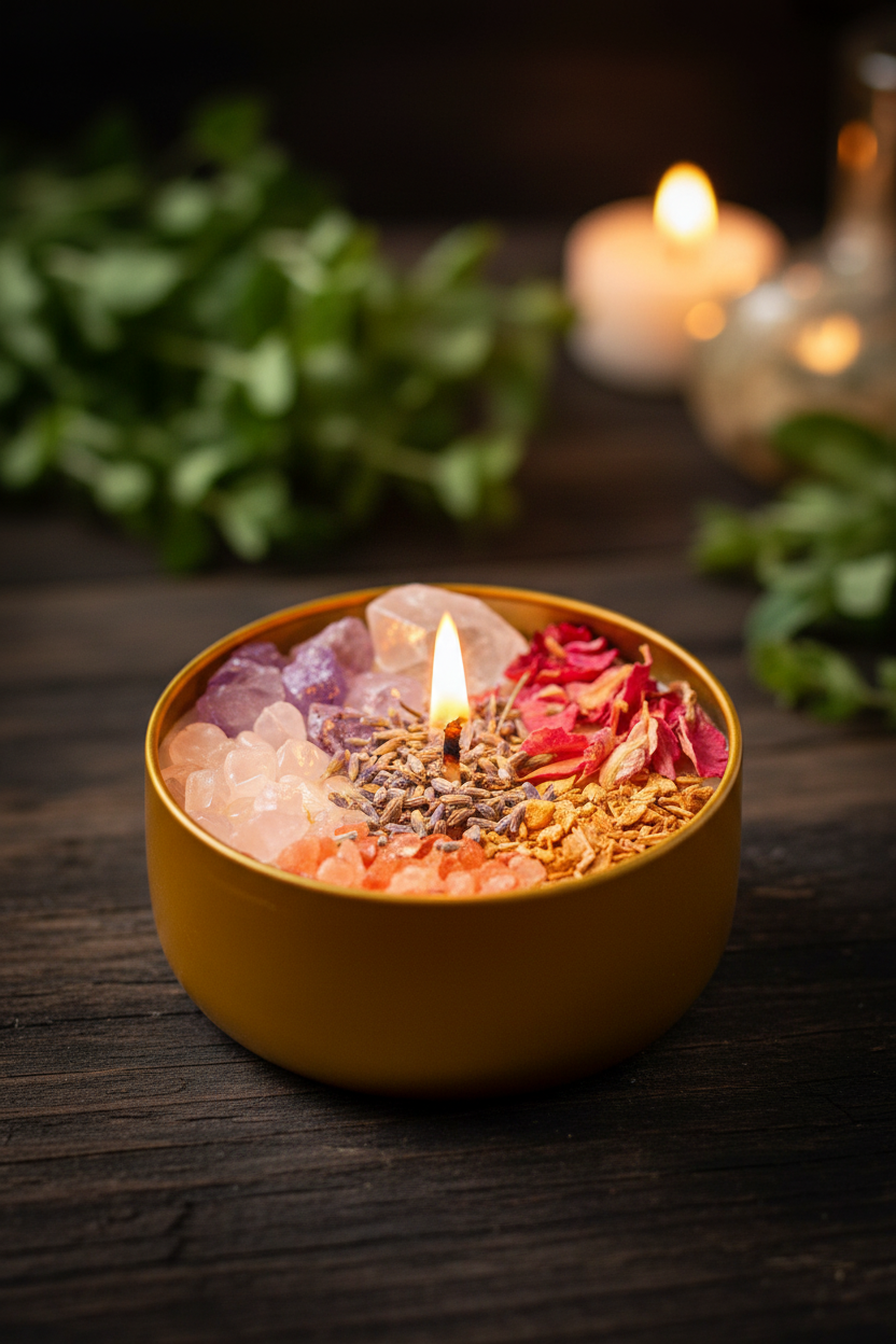 Ultimate Healer Crystal candle with rose quartz and herbs