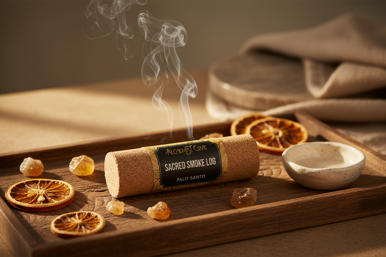 Unwrapped Palo Santo on wooden tray with citrine