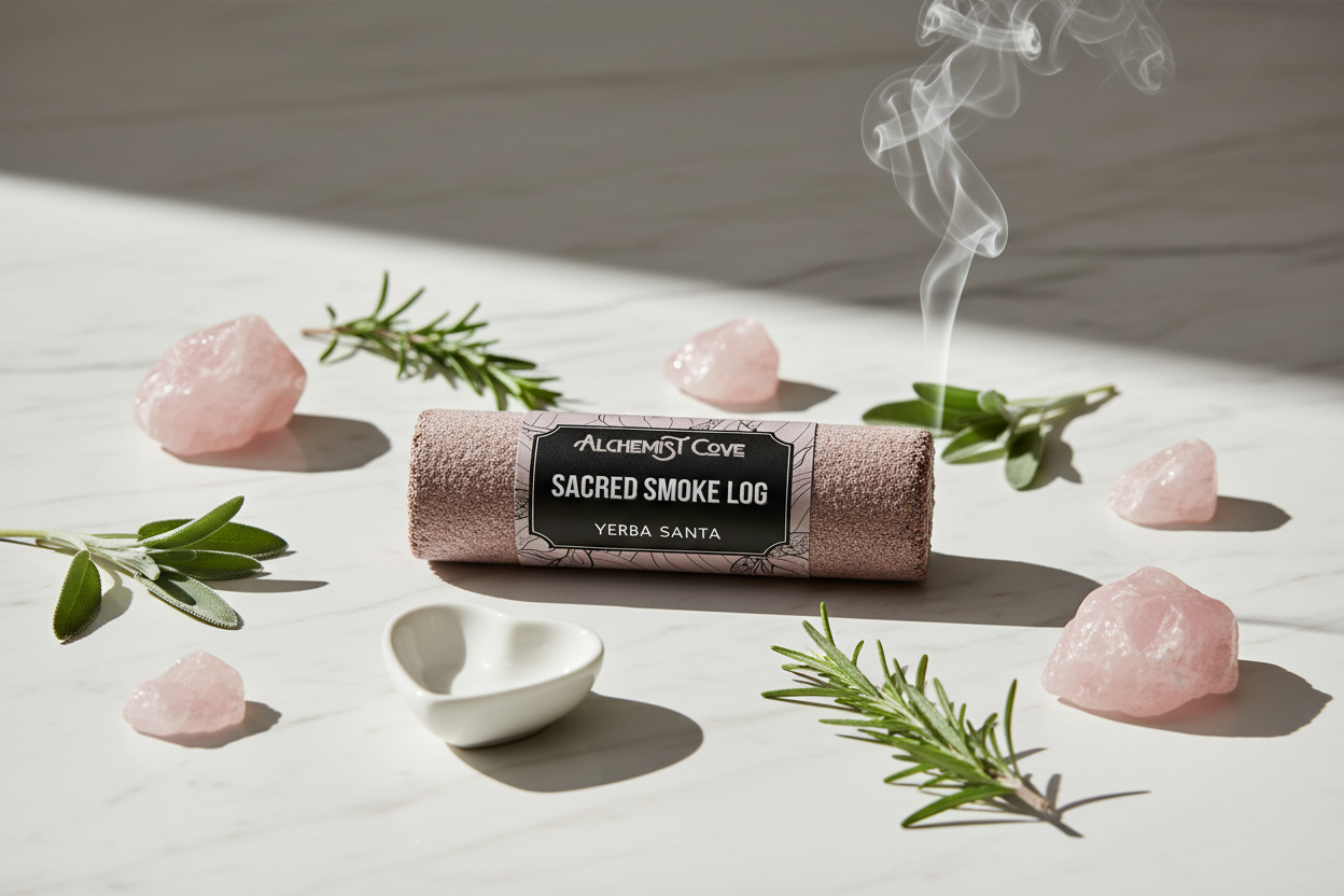Yerba Santa on marble with herbs and rose quartz